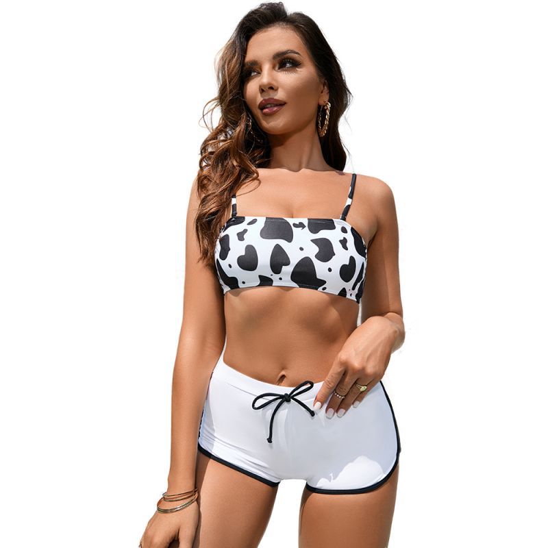 Wholesale Black and White Cow Polyester Swimwear Three-piece Set